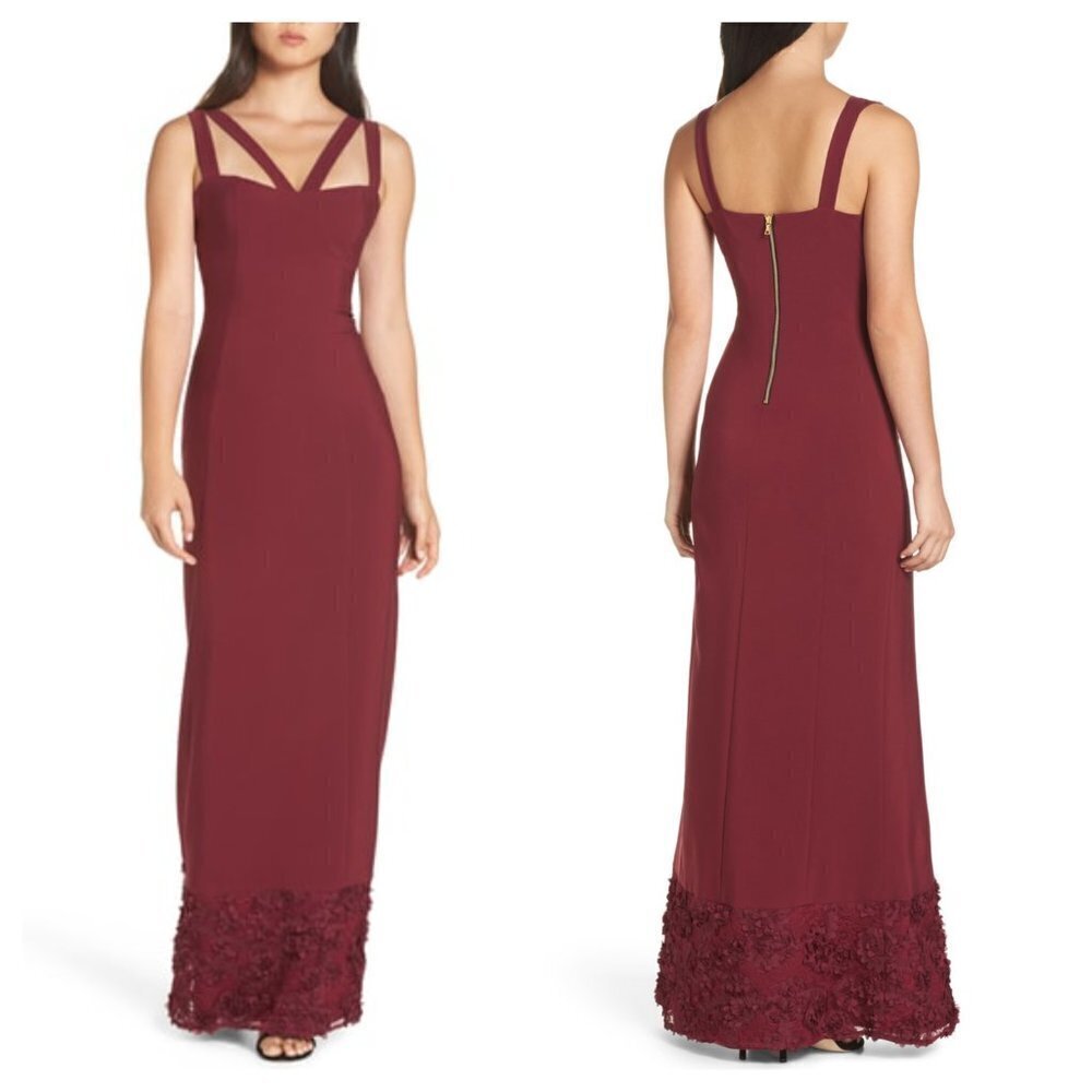 NEW Maria Bianca Nero 8 Katie Long Gown Maxi Dress Floral Appliqué Burgundy $360